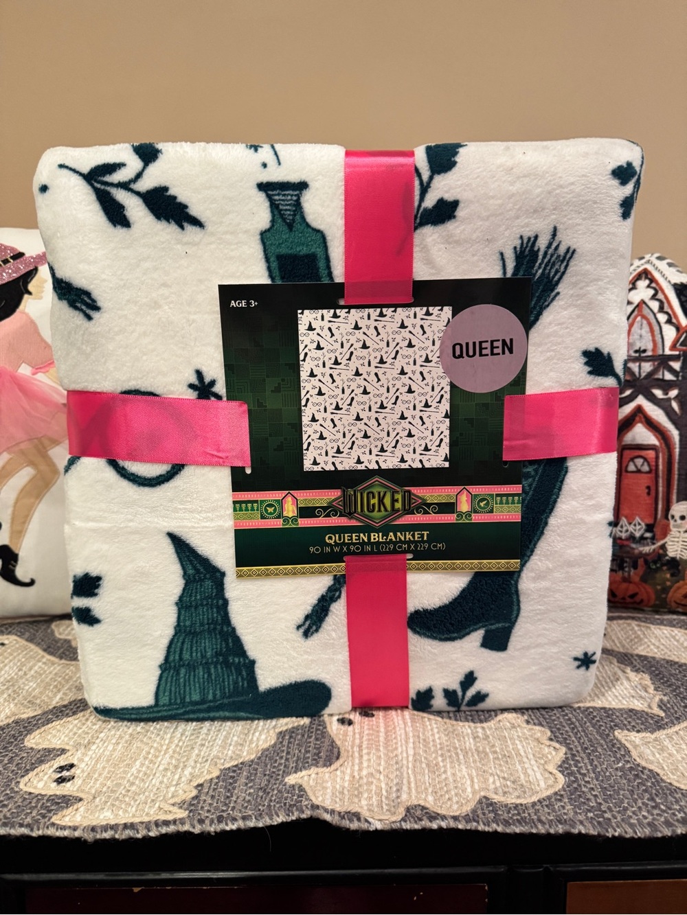 Wicked Official Queen Bed Blanket - White with Dark Green Witch Print